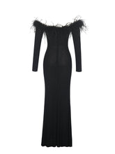 Load image into Gallery viewer, Emberly Black Fur Trimmed Off-Shoulder Rhinestone Mermaid Maxi Dress
