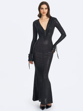 Load image into Gallery viewer, Ilysia Black V-Neck Plunge Snakeskin Mermaid Hem Maxi Dress
