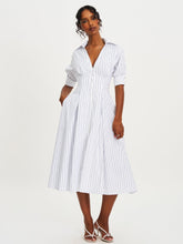 Load image into Gallery viewer, Palina Pinstripes Cotton Poplin Pleated Midi Preppy Shirt Dress
