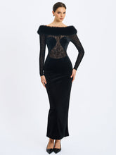 Load image into Gallery viewer, Alexis Black Velvet Animal Print Fur Boatneck Maxi Dress
