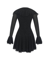 Load image into Gallery viewer, Omari Black Chiffon Polka Dot Ruffled Neckline Mini Dress
