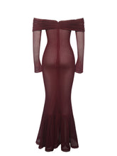 Load image into Gallery viewer, Kaedyn Burgundy Off Shoulder Long Sleeve Crochet Mermaid Maxi Dress
