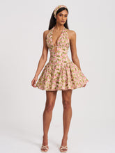 Load image into Gallery viewer, Mackenzie Green and Pink Floral Print Halter Linen Mini Dress
