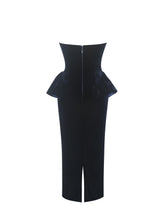 Load image into Gallery viewer, Pascha Black Lace Appliqué Strapless Peplum Midi Dress
