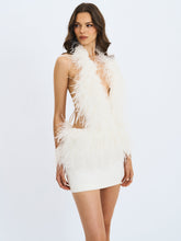 Load image into Gallery viewer, Quisten White Feathered Plunging Halter Mini Dress
