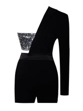 Load image into Gallery viewer, Skylynn Sequin Black One Sleeve Blazer Romper
