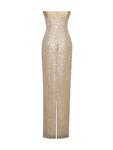 Load image into Gallery viewer, Lainey Gold Satin Sequin Pearls Beaded Maxi Dress
