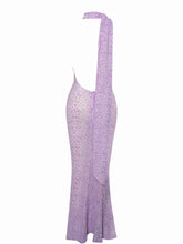 Load image into Gallery viewer, Olena Purple Burnout Velvet Animal Print Mesh Halter Neck Maxi Dress

