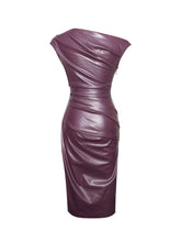 Load image into Gallery viewer, Sabina Purple Leather Slash Neck Midi Dress
