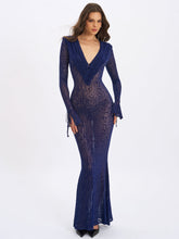Load image into Gallery viewer, Ilyse Navy V-Neck Plunge Animal Print Mermaid Hem Maxi Dress
