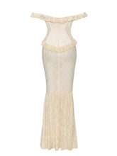 Load image into Gallery viewer, Ersilia Pale Yellow Satin Lace Peplum Corset Off Shoulder Maxi Dress

