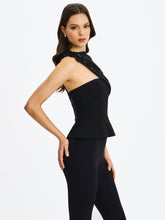 Load image into Gallery viewer, Quinette Black Peplum Top with Beaded Asymmetrical Cape
