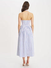 Load image into Gallery viewer, Mackenna Navy Stripe Halter Smock Back Maxi Dress
