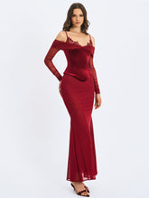 Load image into Gallery viewer, Maybelle Magenta Bardot Lace Strap Peplum Maxi Dress
