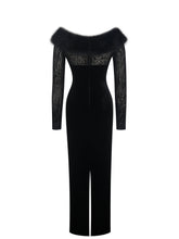 Load image into Gallery viewer, Alexis Black Velvet Animal Print Fur Boatneck Maxi Dress
