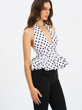 Load image into Gallery viewer, Ilene White and Black Polka Dot Bubble Hem Halter Top
