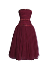 Load image into Gallery viewer, Mabel Burgundy Drop Waist Layered Mesh Midi Puffy Dress with Bow
