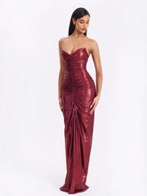 Load image into Gallery viewer, Sable Ruched Burgundy Glitter Mermaid Gown
