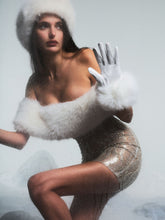 Load image into Gallery viewer, Averie White Fur Off-Shoulder Beige Sequin Mini Dress
