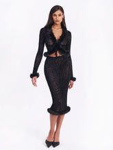Load image into Gallery viewer, Halia Black Animal Print Burnout Velvet Fur Trim Skirt
