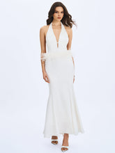 Load image into Gallery viewer, Solene Pleated Halter Backless Feather-Trim Maxi Dress
