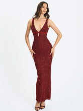 Load image into Gallery viewer, Elora Crimson Sequin Beaded Keyhole Maxi Dress
