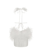 Load image into Gallery viewer, Quisten White Feathered Plunging Halter Mini Dress
