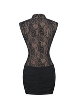 Load image into Gallery viewer, Valerie Black Lace Teardrop Neckline Ruched Mini Dress
