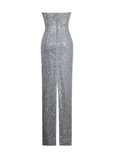 Load image into Gallery viewer, Noelle Silver Sequin Pearl-Embellished Sweetheart Maxi Dress
