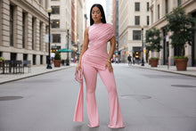 Load image into Gallery viewer, Women's Crew-Neck Pleated Ribbon Flare Jumpsuit
