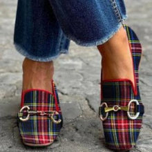 Load image into Gallery viewer, Women's Plaid Square Toe Flats – Buckle Casual Shoes in Red &amp; Blue
