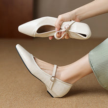 Load image into Gallery viewer, Women's Pointed Toe Low Square Heel Buckle Flats – Floral Detail Dress Shoes
