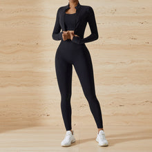 Load image into Gallery viewer, Women's High-Waist 3-Piece Athletic Set – Long Sleeve Jacket, Sports Bra &amp; Leggings
