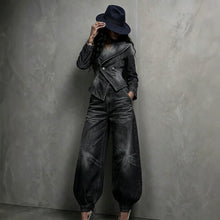 Load image into Gallery viewer, Women's Washed Distressed Denim Asymmetric Double-Breasted Jacket &amp; Balloon-Leg Trouser Set
