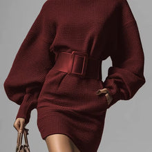 Load image into Gallery viewer, Women’s Brown Bodycon Mini Dress — Boat Neck, Long Sleeve
