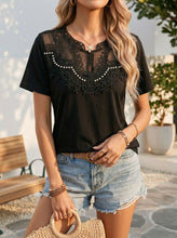 Load image into Gallery viewer, Women's Pearl-Trim Hollow-Out T-Shirt – Loose Fit, Short Sleeve, Casual Chic
