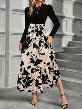 Load image into Gallery viewer, Trendy Tied Printed Round Neck Long Sleeve Midi Dress Elegant &amp; Trendy Printed Dress for Women
