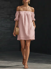 Load image into Gallery viewer, Women's Cotton-Linen Off-Shoulder Puff-Sleeve Loose Mini Dress
