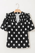 Load image into Gallery viewer, Black Polka Dot Print Smocked Notched Neck Balloon Sleeve Blouse
