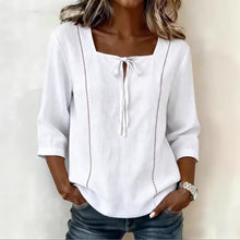 Load image into Gallery viewer, Printed Lace-Up Square-Neck Shirt – Three-Quarter Sleeve, Ramie

