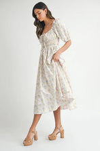Load image into Gallery viewer, Floral Drawstring Detail Puff Sleeve Midi Dress – Romantic Floral Midi Dress, Ruched Drawstring Dress, Feminine Puff Sleeve Dress, Trendy Garden Party Dress For Summer
