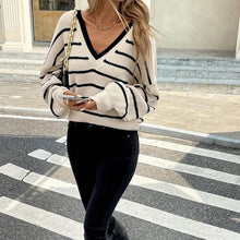 Load image into Gallery viewer, Women’s Striped V-Neck Sweater with Back Bow
