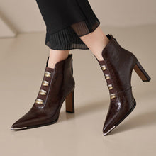 Load image into Gallery viewer, Women's Satin Pointed Toe Chunky Heel Short Boots – Ultra High Heel
