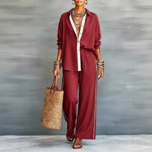 Load image into Gallery viewer, Contrast-Color Long-Sleeve Shirt &amp; Pants Set – Two-Piece
