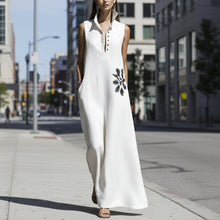 Load image into Gallery viewer, Women's Cotton Linen Mandarin Collar Maxi Dress – Graphic Print with Pockets
