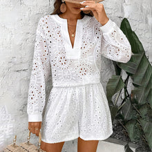 Load image into Gallery viewer, Women's Solid Color Elegant V-Neck Lace Long Sleeve Blouse &amp; Shorts Set
