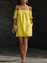Load image into Gallery viewer, Women's Cotton-Linen Off-Shoulder Puff-Sleeve Loose Mini Dress
