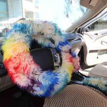 Load image into Gallery viewer, 3PCS Fur Steering Wheel Cover Set Real Sheepskin Auto Plush Warm Fluffy Fuzzy Women Winter Fashion Wool Fur Soft Furry Steering Wheel Covers Blue Fluffy Handbrake Cover Gear Shift Cover Fuzz Warm Non-slip Car Decoration Car Accessories for Women Girl
