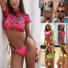 Load image into Gallery viewer, 3PCS Women's Leopard Bikini Swimwear Swimsuit Bathing Beach Holiday Short Sleeve Leopard Print 3 Piece Short Sleeve Bikini Set Swimsuit Micro Triangle Bathing suit
