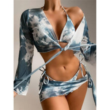 Load image into Gallery viewer, 4 Piece Tie Dye Bikini Ladies Split Swimsuit Swimwear Tie Dye Bikini Set Triangle String Bikini Bathing Suit High Cut Four Piece Swimsuit Curtain String Bikini Women Mesh Push Up Bikini

